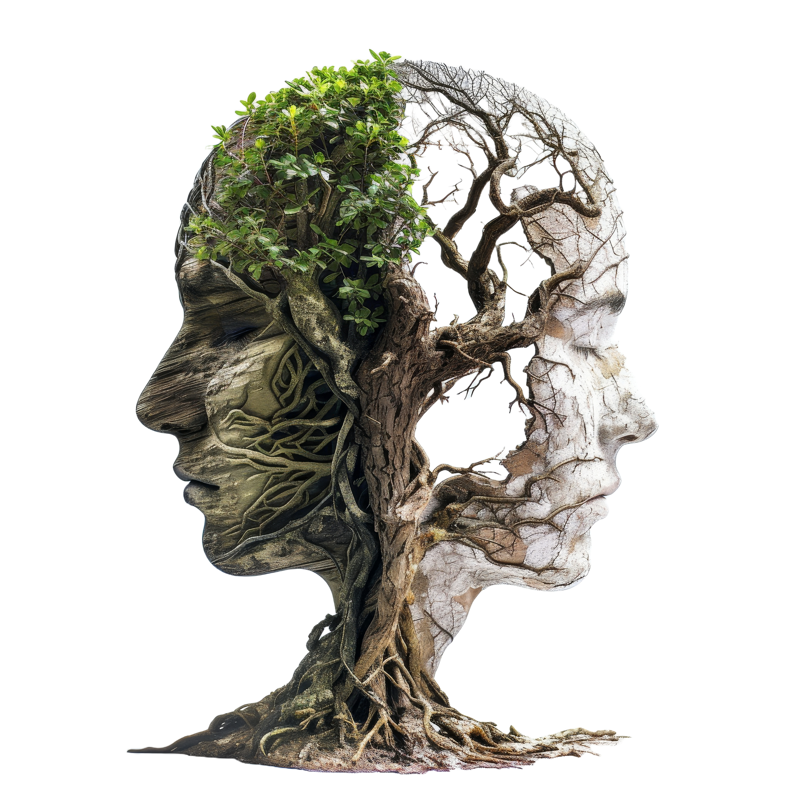 Two-toned tree-root profile illustration representing growth and healing