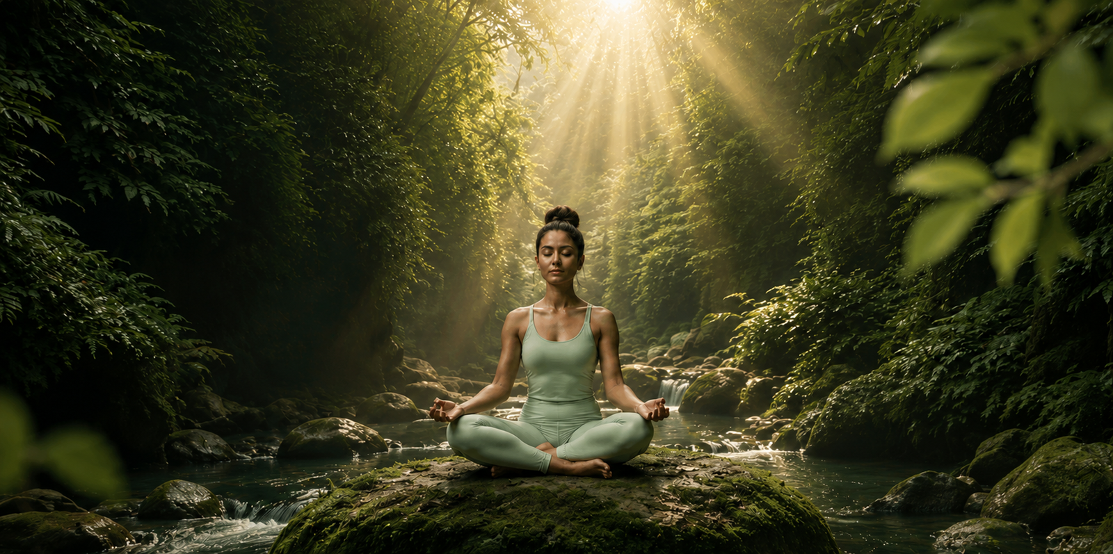 Woman meditating on a rock in a sunlit forest stream