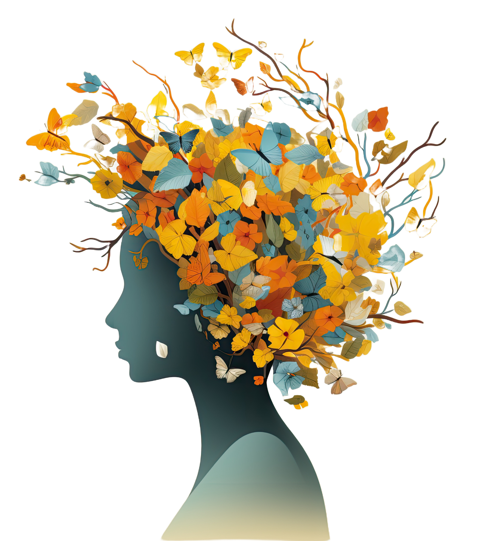 Illustrated silhouette of a woman with flowers and butterflies blooming from her mind, representing emotional balance