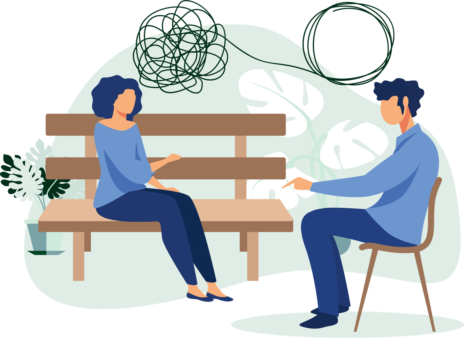 Therapist and client in an open conversation on a bench