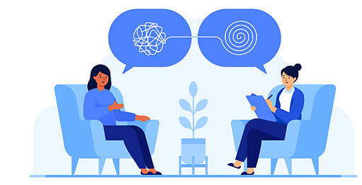 Illustration of a tangled thought being reframed into a calm spiral during a therapy session