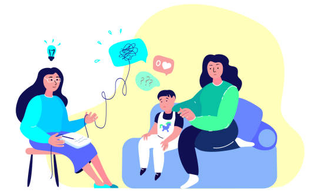 Illustration of a family therapy session with a parent, child and therapist