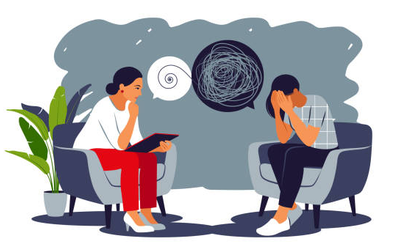 Illustration of a therapist supporting a distressed client