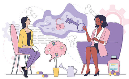 Illustration of a therapist helping a client unlock their potential, symbolized by a key and puzzle pieces
