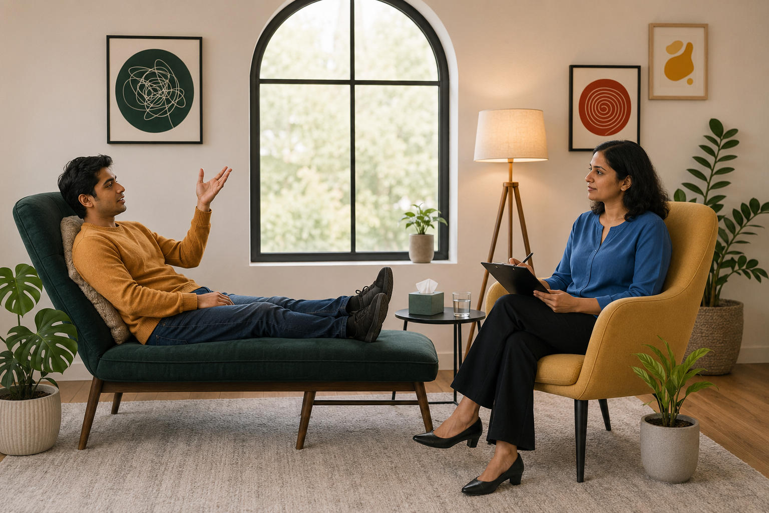 A client and therapist in conversation during a therapy session in a calm, plant-filled room